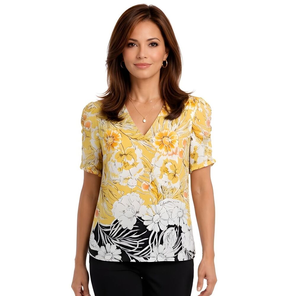 Daniel Rainn Yellow Floral V-neck Ruffle Sleeve Detail Chiffon Blouse Size M